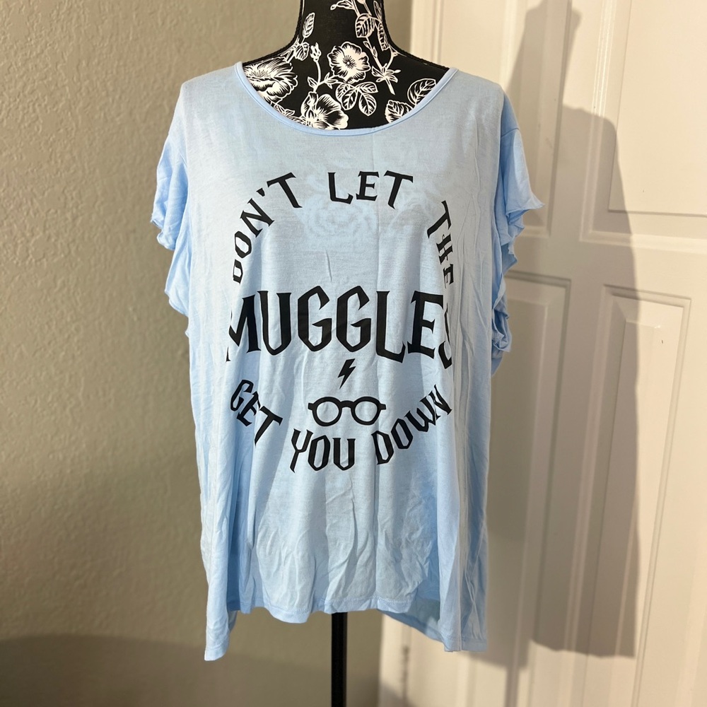 Harry Potter T-shirt 3XL “Don’t let the Muggles get you down” ruffle sleeve blue